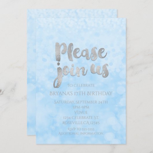 ブルー&シルバースパークルグラマーパーティの招待状 招待状 (正面/裏面)