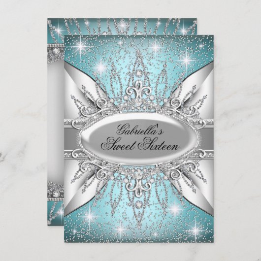 ブルー&シルバースパークルダイヤモンドスウィート16招待状 招待状 (正面/裏面)