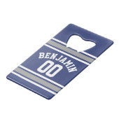 ブルー&シルバースポーツジャージー名前をカスタムする番号 クレジットカード栓抜き (正面アングル)