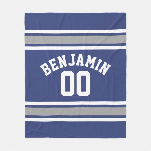 ブルー&シルバースポーツジャージー名前をカスタムする番号 フリースブランケット (正面)