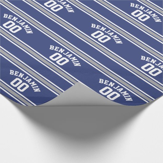 ブルー&シルバースポーツジャージー名前をカスタムする番号 ラッピングペーパー (角)