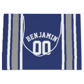 ブルー&シルバースポーツジャージー名前をカスタムする番号 ラージペーパーバッグ (正面)