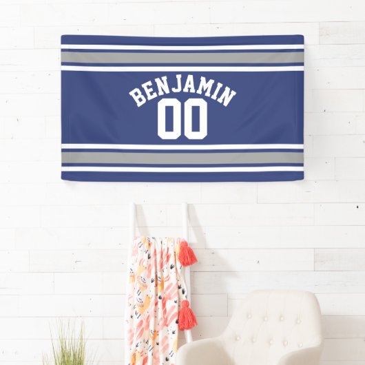 ブルー&シルバースポーツジャージー名前をカスタムする番号 横断幕 (インサイチュ)