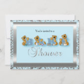 ブルー&シルバーダマスクとテディベア |赤ちゃんシャワー 招待状 (正面)