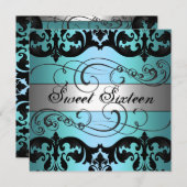 ブルー&シルバーダマスクスウィート16誕生日招待状 招待状 (正面/裏面)