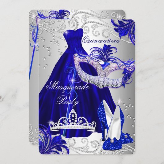 ブルー&シルバードレスマスカレードキンセアニェラ招待状 招待状 (正面/裏面)