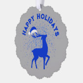 ブルー/シルバーハッピーホリデーズトナカイとモノグラム オーナメントカード (左)
