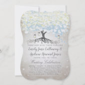 ブルー&シルバーハートリーフツリーウッドシボホ結婚ズ 招待状 (正面)