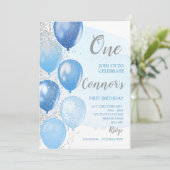 ブルー&シルバーファースト誕生日招待状 招待状 (スタンド正面)