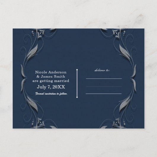 ブルー&シルバーフレームエレガントなウェディング日付を保存 案内ポストカード (裏面)
