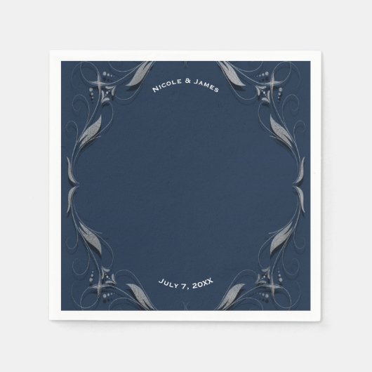 ブルー&シルバーフレームエレガントヴィンテージウェディングパーティー スタンダードカクテルナプキン (正面)