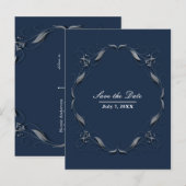 ブルー＆シルバーフレーム エレガント ウェディング セーブ・ザ・デート 案内ポストカード (正面/裏面)