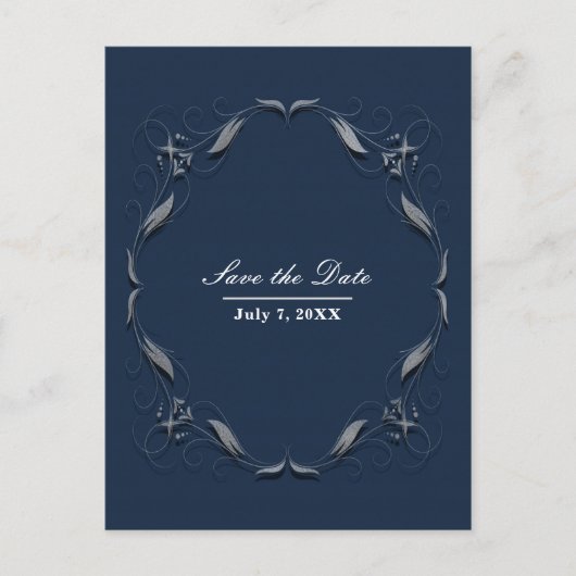 ブルー＆シルバーフレーム エレガント ウェディング セーブ・ザ・デート 案内ポストカード (正面)