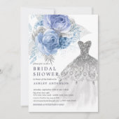 ブルー&シルバーフローラ結婚ズドレスブライダルシャワー 招待状 (正面)