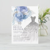 ブルー&シルバーフローラ結婚ズドレスブライダルシャワー 招待状 (スタンド正面)
