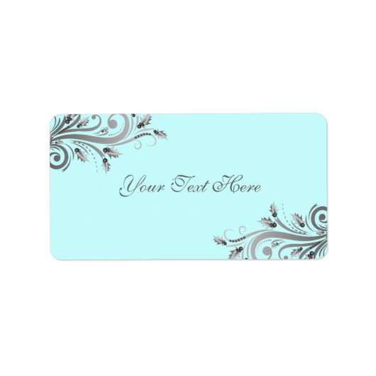 ブルー/シルバーホリーフローリッシュクリスマス住所 シール (正面)