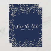 ブルー&シルバーボタニカルウェディング日付を保存 案内ポストカード (正面/裏面)
