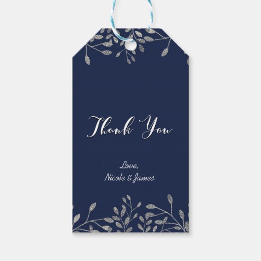 ブルー&シルバーボタニカルモダン結婚式の引き出物 ギフトタグ (正面)