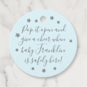 ブルー&シルバーボーイベビーシャワーシャンパンメッセージカード フェイバータグ (正面)