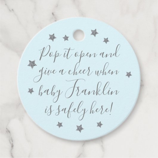ブルー&シルバーボーイベビーシャワーシャンパンメッセージカード フェイバータグ (正面)