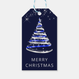 ブルー&シルバーリボン&グリッタークリスマスツリー ギフトタグ