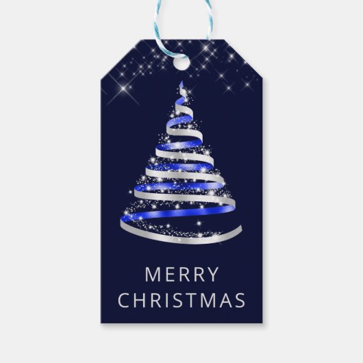 ブルー&シルバーリボン&グリッタークリスマスツリー ギフトタグ (正面)