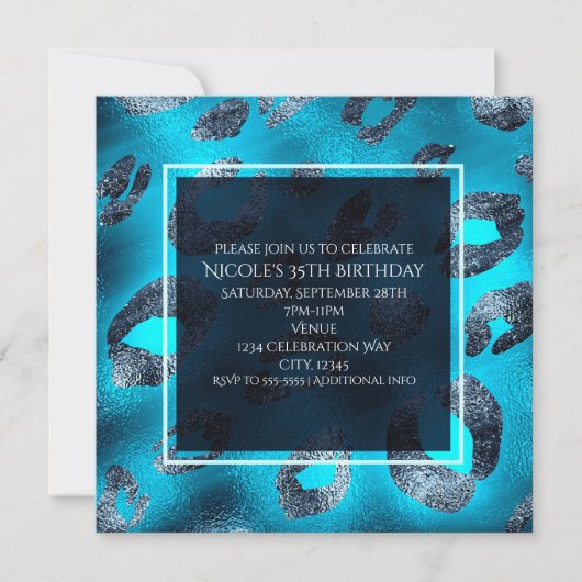 ブルー&シルバーレオパード印刷パーティの招待状 招待状 (正面)