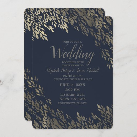 ブルー&シルバー葉ズシッ素朴ク結婚ズ 招待状 (正面/裏面)