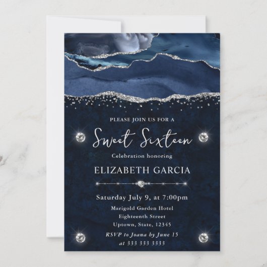 ブルー＆シルバー グリッター アゲート スイート 16 招待状 (正面)