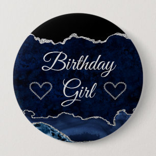 ブルー&シルバー グリッター マーブル アゲート 誕生日の女の子 缶バッジ