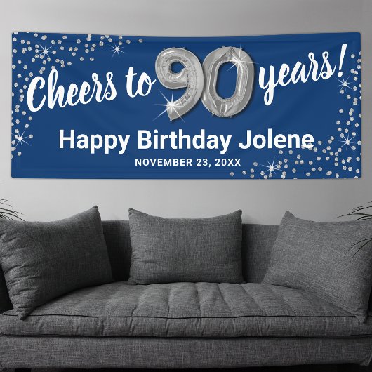 ブルー シルバー グリッター 90歳の誕生日バナー 横断幕