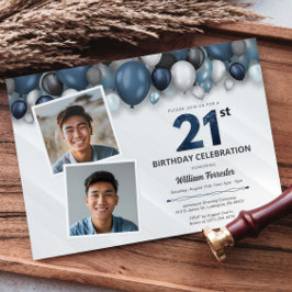 ブルー シルバー ブラック & ホワイト 21歳の誕生日 2枚の写真 招待状