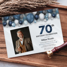 ブルー シルバー ブラック & ホワイト 70歳の誕生日写真 招待状
