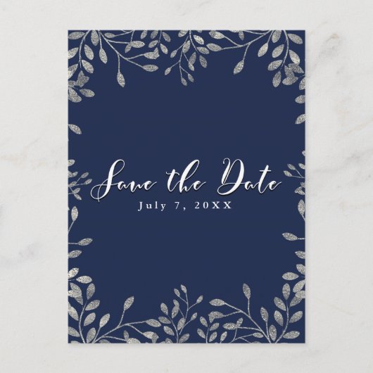 ブルー＆シルバー ボタニカル ウェディング セーブ・ザ・デート 案内ポストカード (正面)