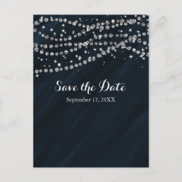 ブルー&シルバー 偽ダイヤモンド ブリング Save The Date 案内ポストカード
