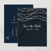 ブルー＆シルバー 偽ダイヤモンド ブリング Save The Date 案内ポストカード (正面/裏面)