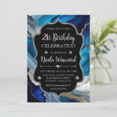 ブルー・シルバー・金ゴールド・アルコールインク21歳の誕生日 招待状 (スタンド正面)