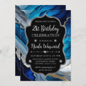 ブルー・シルバー・金ゴールド・アルコールインク21歳の誕生日 招待状 (正面/裏面)