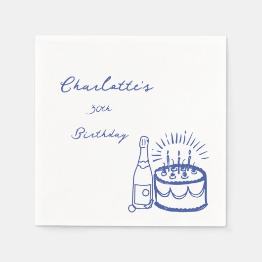ブルー シンプル 手描き 30歳の誕生日 スタンダードカクテルナプキン (正面)