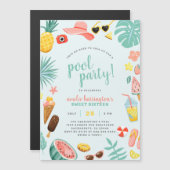ブルー |スイカパイナップルトロピカルプールパーティー マグネット招待状 (正面/裏面)