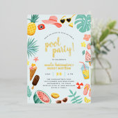 ブルー |スイカパイナップルトロピカルプールパーティー 箔招待状 (立ち正面)