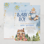ブルー スウィート ベイビー ボーイ ジンジャーブレッド ハウス ベイビー シャワー 招待状 (正面/裏面)