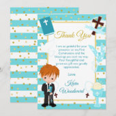 ブルー・ストライプ・レッド・ヘア・ボーイ・ファースト・ホーリー・コミュニオン サンキューカード (正面/裏面)