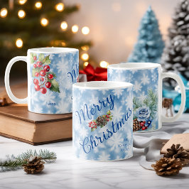 ブルー スノーフレーク ファミリーネーム クリスマス 年 コーヒーマグカップ