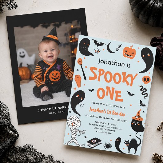 ブルー・スパイキー・ハロウィン1歳の誕生日おめでとうボーイ 招待状
