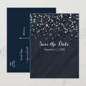 ブルー＆スパークルスターズ エレガント グラマラス セーブ・ザ・デート 案内ポストカード (正面/裏面)