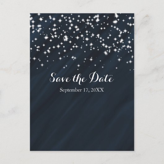 ブルー＆スパークルスターズ エレガント グラマラス セーブ・ザ・デート 案内ポストカード (正面)