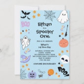 ブルー スプーキーワン かわいい ハロウィン 誕生日 1歳 招待状 (正面)