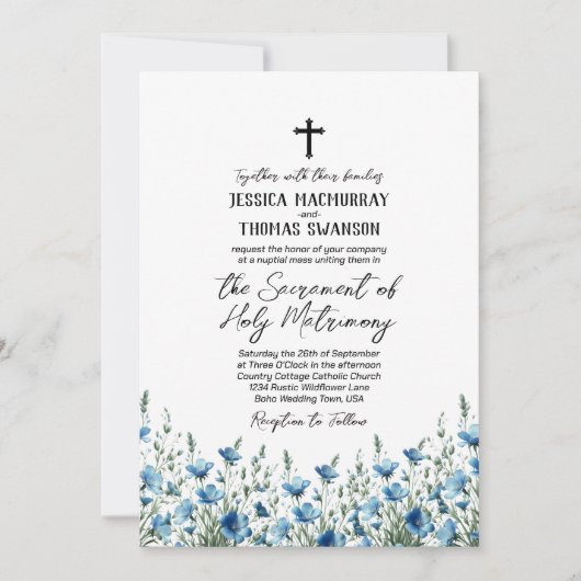 ブルー&セージBohoシックなワイルドフラワーカトリック結婚ズ 招待状 (正面)