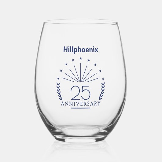 ブルー タイポグラフィ 25周年記念デザイン ステムなしワイングラス (正面)